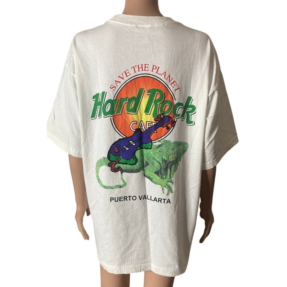 Hard Rock Cafe Puerto Vallarta Iguana Guitar Save Planet Shirt L White VTG 90s